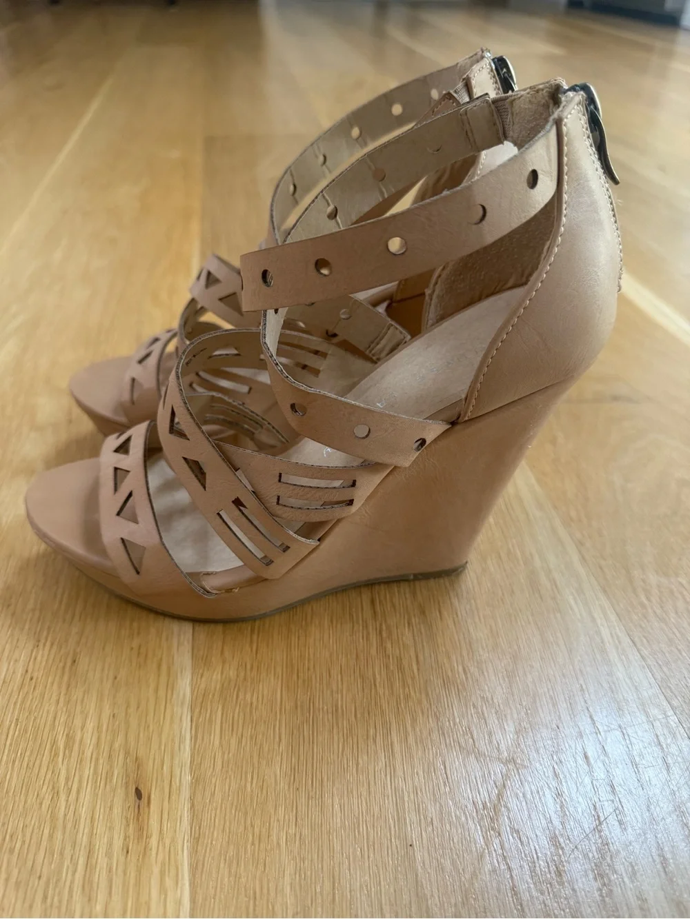 Chinese Laundry Tan Strappy Cutout Wedge Sandals